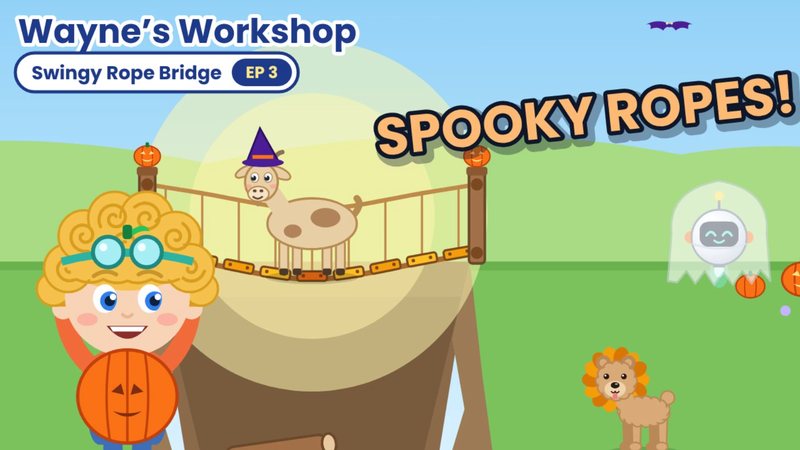 Episode 3 Halloween thumbnail: Gus the goat on a rope bridge, Wayne dressed as a pumpkin